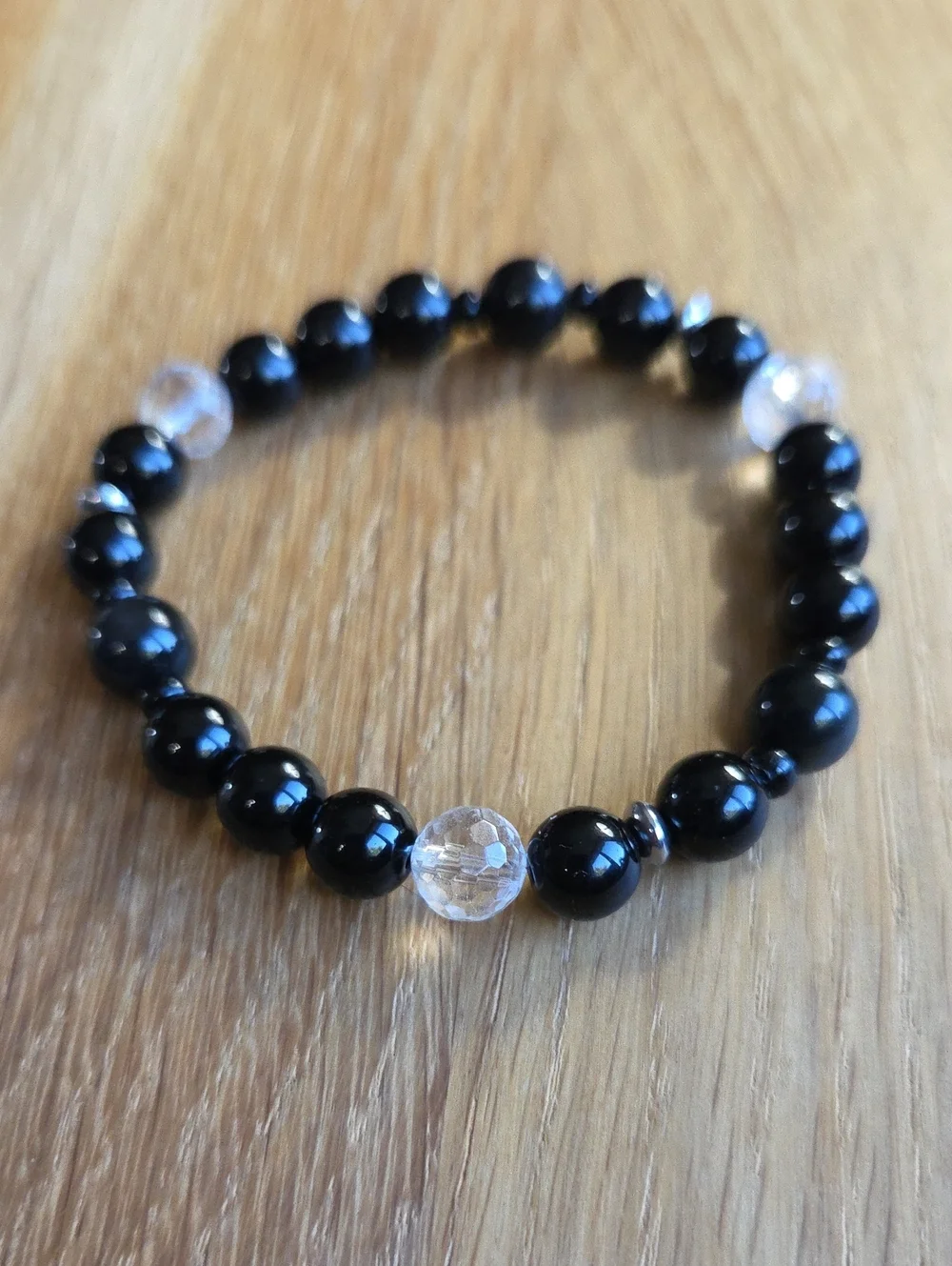 Black Onyx, Rainbow Obsidian & Clear Quartz Beaded Stretch Bracelet | Handmade